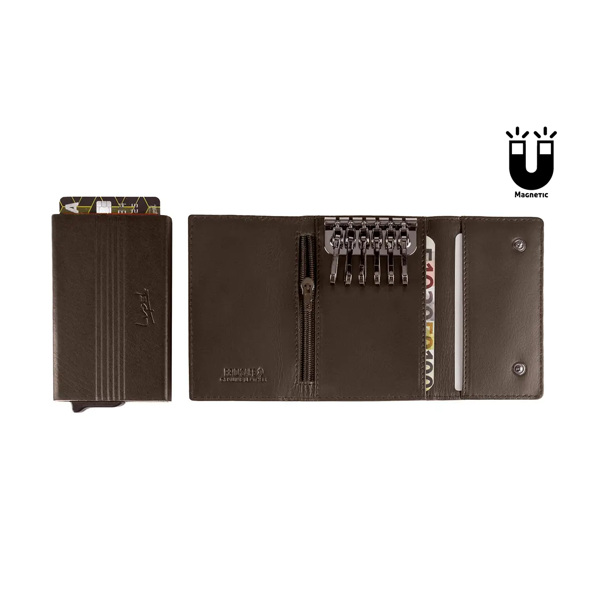 Tarjetero de Piel y Aluminio con Anti-RFID y Llavero de Piel